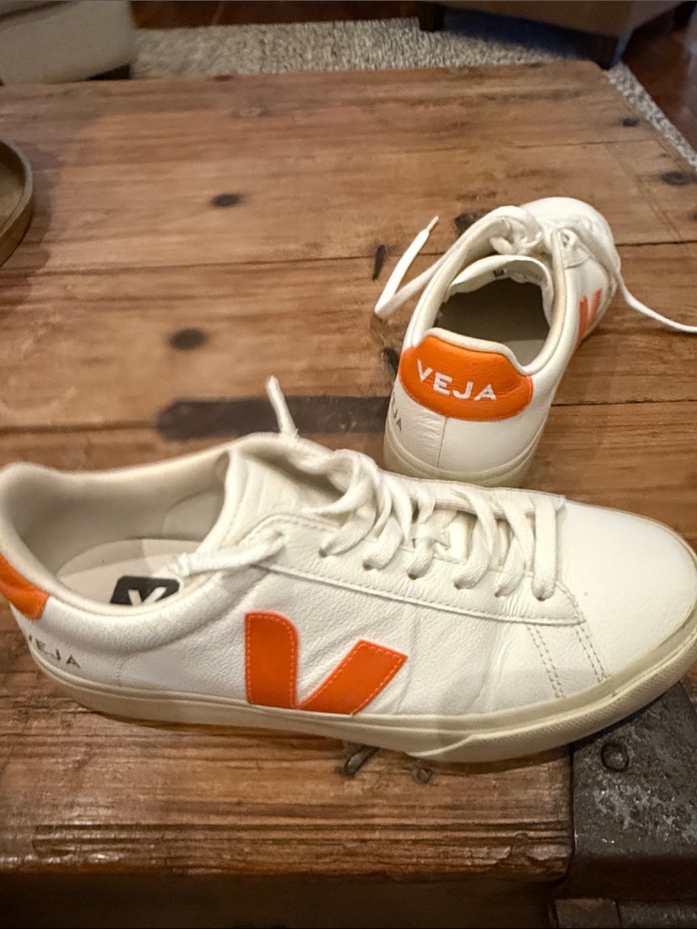 Veja White Leather Low-Top Sneakers with Orange V Logo